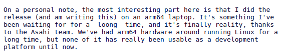 nixcraft's tweet photo. Linus Torvalds Releases Linux kernel version 5.19. the most interesting part here is that he did the
release (and writing this note) on an arm64 laptop from Apple M1 using Asahi Linux. https://t.co/OQzPRody9Z https://t.co/0dCvCY5C5u