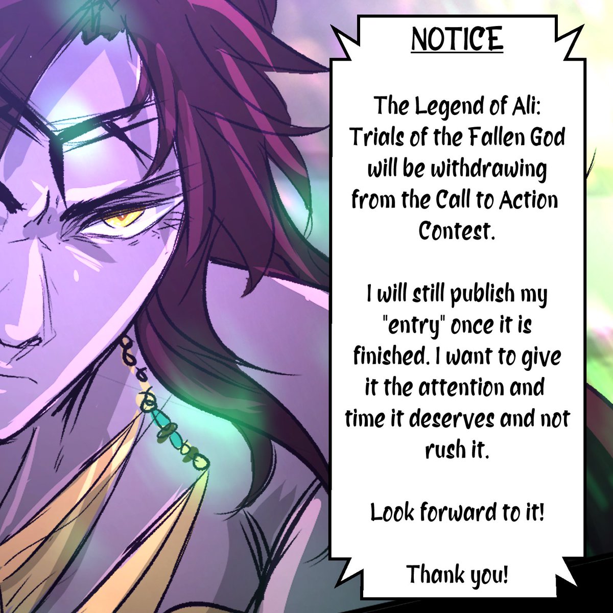 Useros_Universe's tweet photo. 🟢NOTICE🟢

I will be withdrawing from the call to action contest. 

This story deserves more time and attention and I do not want to rush it. Thank you all! Look forward to its release as a normal series! 😉 #WebtoonCallToAction #WebtoonCanvas #webtoon #tloa_comic https://t.co/8IpCjVNDlZ