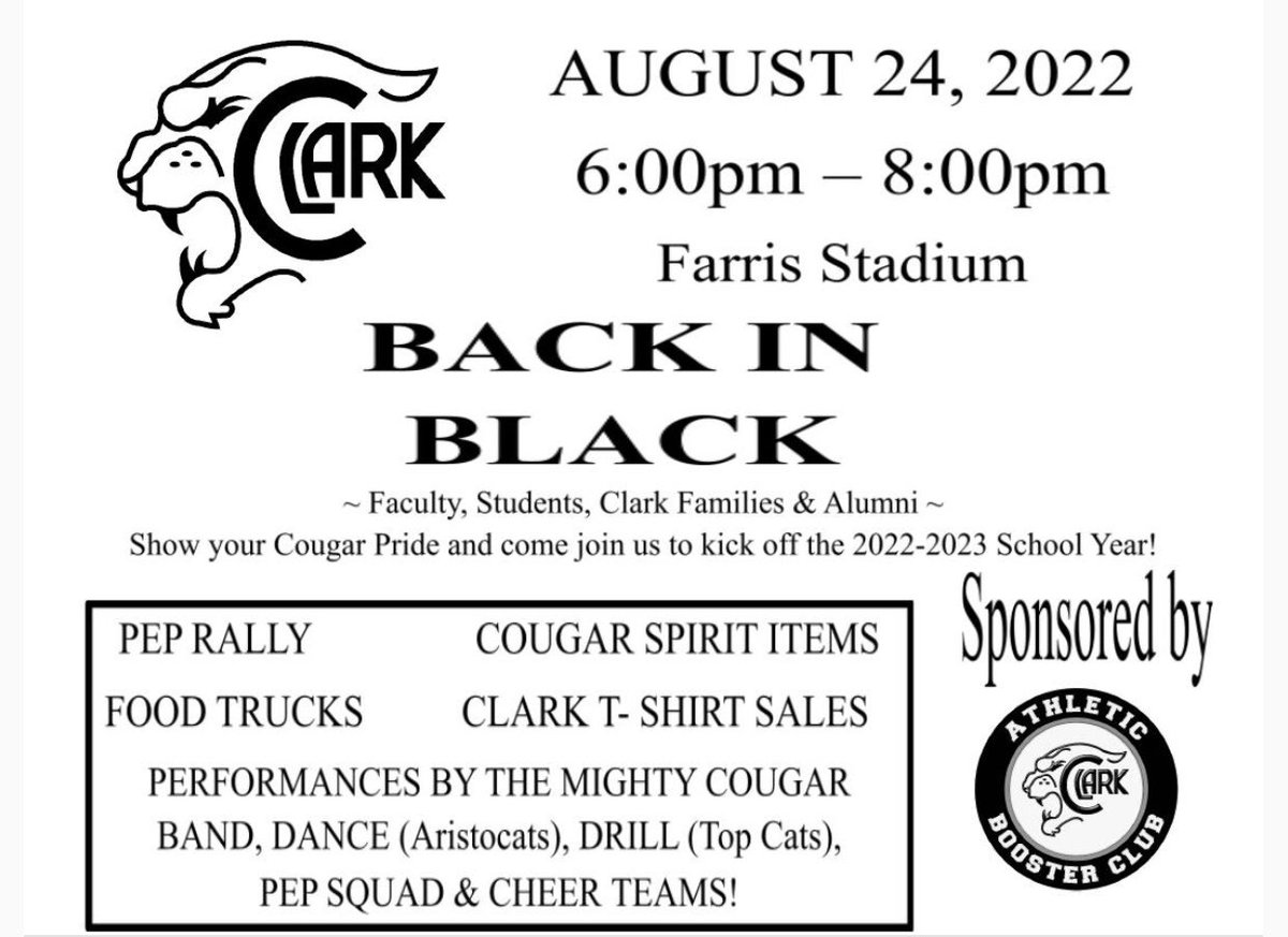 🐾 Good evening, Cougars! Save the date for the Back in Black Pep Rally on August 24th at Farris! We look forward to seeing everyone there! 🐾