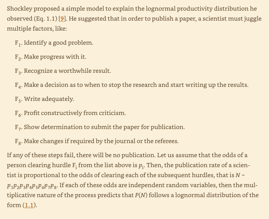 michael_nielsen's tweet photo. Fascinating argument for why the distribution in number of papers published is so heavy-tailed (most scientists publish few, a few scientists publish many): 

(From Wang &amp; Barabasi's book "The Science of Science") https://t.co/dYuVQyQE8Q