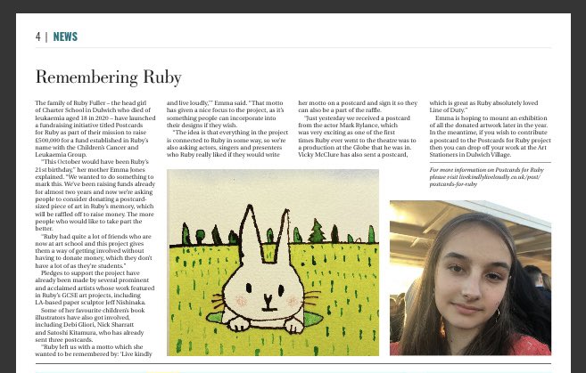KindlyLoudly's tweet photo. Thank you to the wonderful @dulwichdiverter for featuring our #PostcardsForRuby project in their latest issue. 

The project marks what would have been Ruby’s 21st birthday this October &amp; will raise much needed funds for childhood cancer research. 

https://t.co/A3fOiDcm92 https://t.co/gxhp6lCxCK