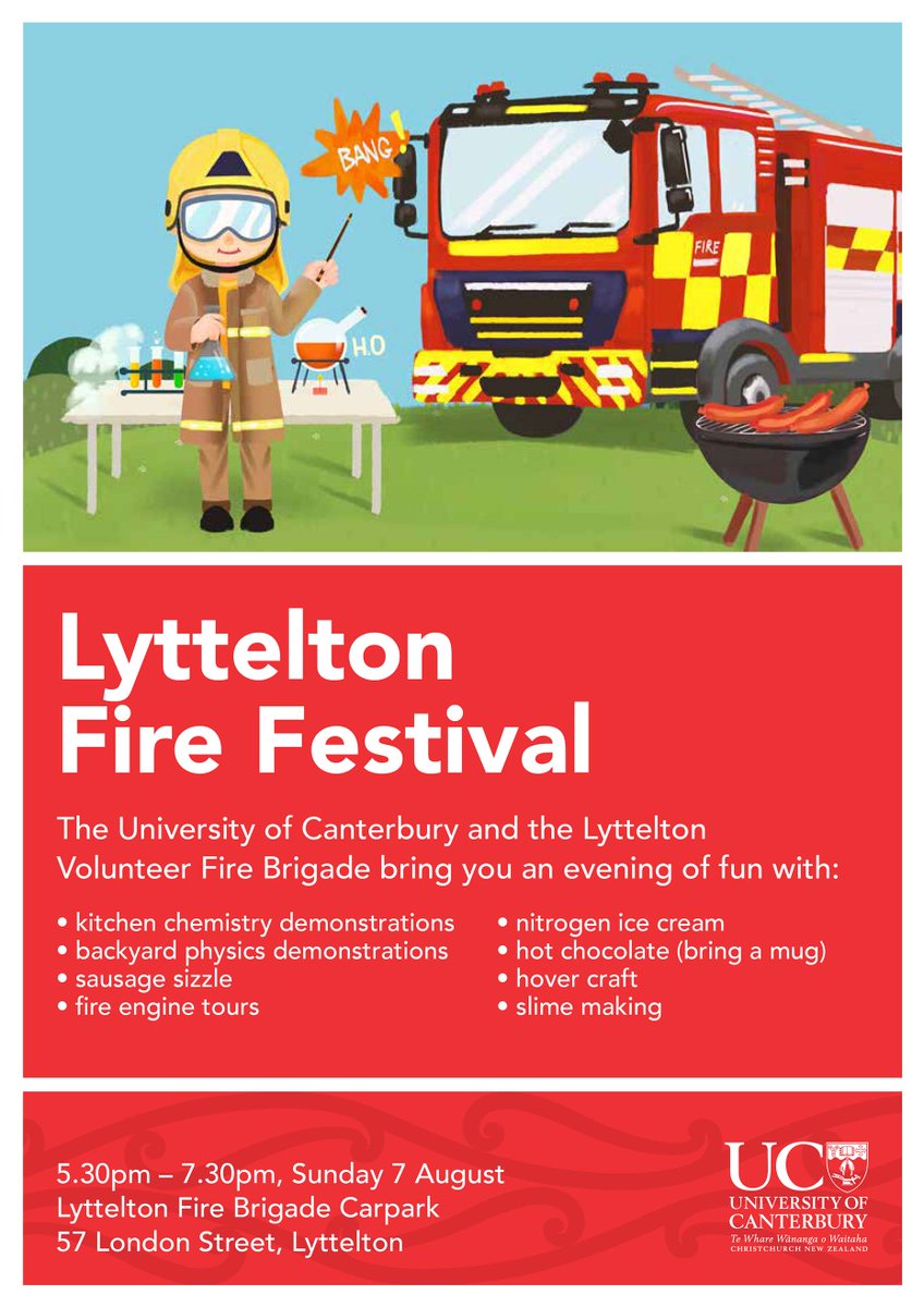 School Of Physical and Chemical Sciences @UC (@ucnz_physchem) on Twitter photo The Lyttelton Fire Festival is this Sunday 7th August 5.30-7.30pm. <a href="/UCNZ/">University of Canterbury</a> <a href="/UCNZscience/">UC Science | Te Kaupeka Pūtaiao</a>
The festival is an event organised by the School of Physical and Chemical Sciences at UC and the Lyttelton Volunteer Fire Brigade. The Lyttelton Fire Festival is this Sunday 7th August 5.30-7.30pm. <a href="/UCNZ/">University of Canterbury</a> <a href="/UCNZscience/">UC Science | Te Kaupeka Pūtaiao</a>
The festival is an event organised by the School of Physical and Chemical Sciences at UC and the Lyttelton Volunteer Fire Brigade.