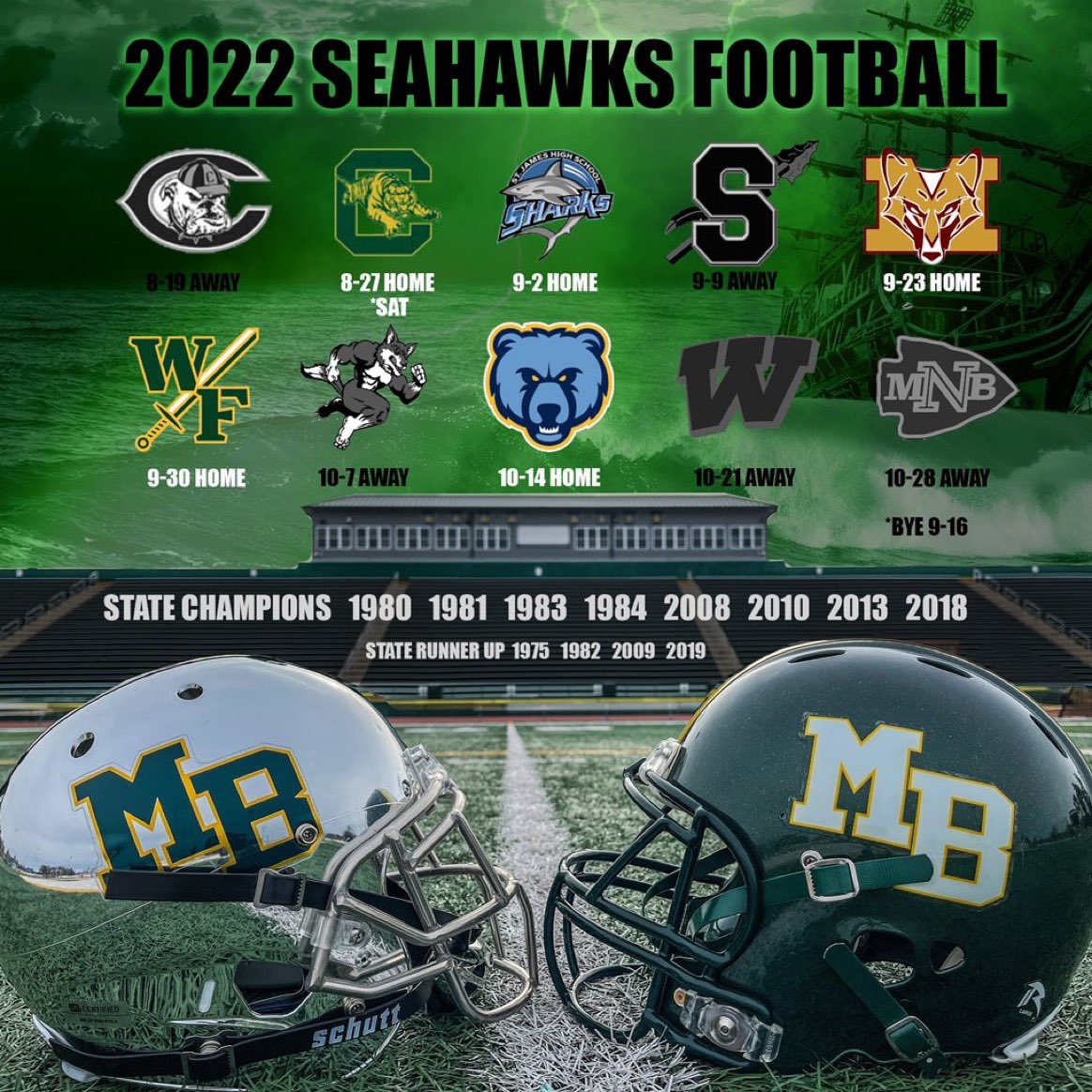 🚨2022 Football Schedule🚨 Camden🔛Fri.          Conway🔛Sat.                     🗓Sept. 2nd MB Recreation night and  MB Athletic Hall of Fame🏌️‍♀️🏄‍♂️🤾🏽🤽🏾‍♀️              🗓Sept. 23rd Homecoming🟢🟡🟢🟡 🗓Sept. 30th Military Appreciation🪖
