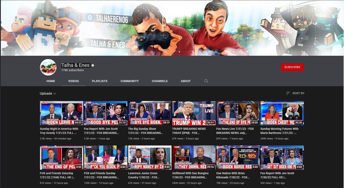 SethCapaldi's tweet photo. Talha&amp;Enes, a Turkish #YouTube channel has been hacked. It is another account that uses #Fox News segments posted by hackers to siphon adsense from smaller but popular Gaming channels. Reporting the channels affected may ruin someones career up to this point. They have 778k subs. https://t.co/LzRbYenco7