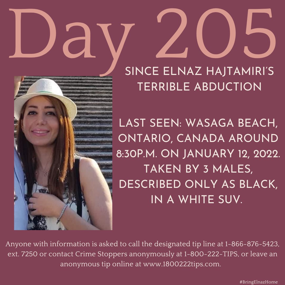 BringElnazHome's tweet photo. 205 Days have passed since Elnaz Hajtamiri was abducted from inside her family home in Wasaga Beach, Ontario, Canada. She was staying with family at this time because she had previously been horribly attacked in her parking garage in Richmond Hill. #BringElnazHome #RT #Ontario https://t.co/KQy6V1naDN