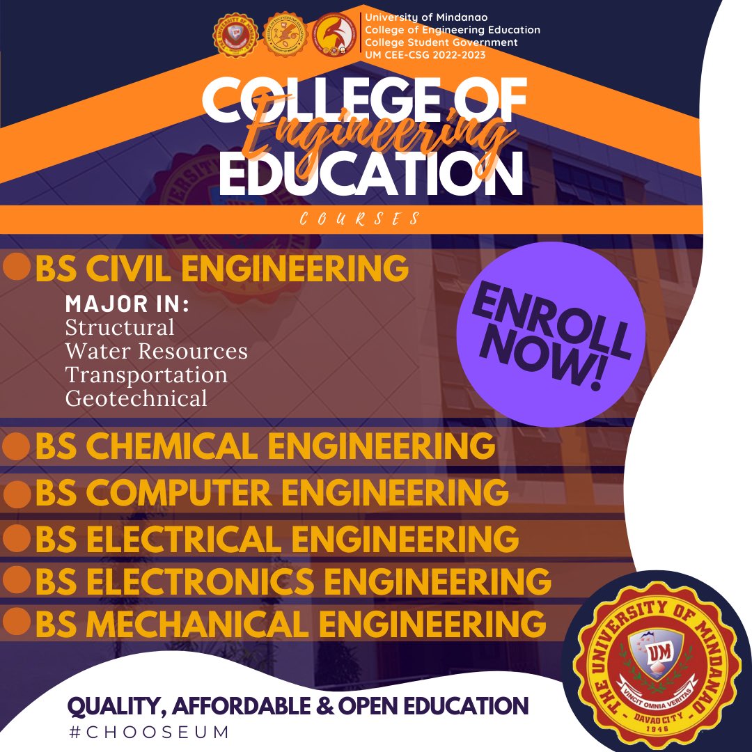 um_ceecsg's tweet photo. There are thousands of reasons why choose engineering in the College of Engineering Education in the University of Mindanao.
#ChooseUM
#ChooseEngineering https://t.co/lh2OwRieZQ