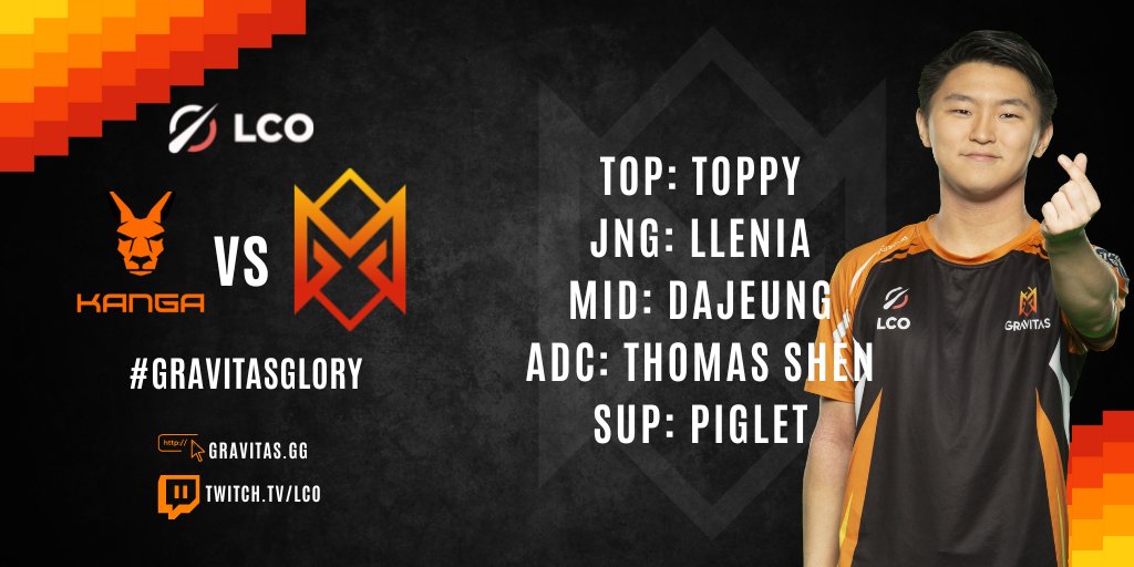 GRAVITAS GAME TIME ⏰

#GravitasSquad ⚔️  🆚 <a href="/KangaEsports/">Kanga Esports</a> 🦘

<a href="/LCO/">LCO</a> @LoLEsports @RiotEsportsOCE on Twitch now → twitch.tv/lco

#GravitasGlory #GRVWin #GRVvsKNG