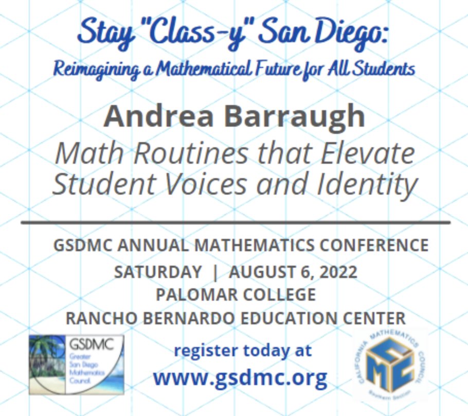 GSDMC1's tweet image. Richie Moreno, Andy Jenson, and @MathTransform will share examples and hear from teachers about how community-building activities, number talks, and a digitally-enhanced culture of feedback, reflection and revision foster positive math identities. @cmc_south @OCMathCouncil