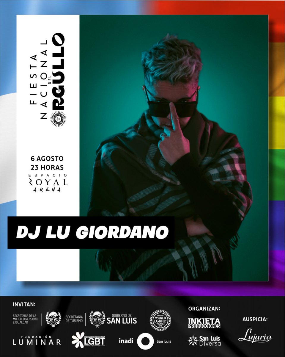 🏳️‍🌈Dj <a href="/LuGiordano/">Luise Giordano</a> llega a ponerle diversidad LGBT+ a la Fiesta del orgullo

🎟️Tickets físicos en:
@noendsl
<a href="/lujuriasl/">Lujuria</a>
@bichisalinaspeluqueria

🎟️Ticket online: link en bio

👉🏼ORGANIZA:
@Inkietaproducciones
junto a SAN LUIS DIVERSA

📅Sábado 06/08 - 23 hs
📌Espacio Royal