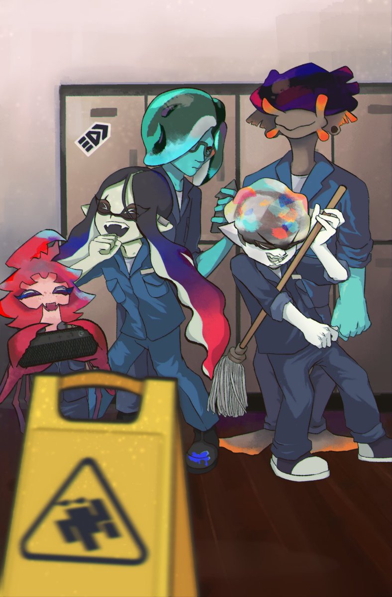 SHOOTINGSTARINK's tweet photo. INKCOMING!... my contribution for Farewell Inkopolis (@splatoonMAP)! Here's Wet Floor janitor-jamming their heart out during their shift! Wet Floor was the first band that I got heavily invested in when I first played the game and was the band that got me fully into Splatbands! https://t.co/wTQwfs6ndr