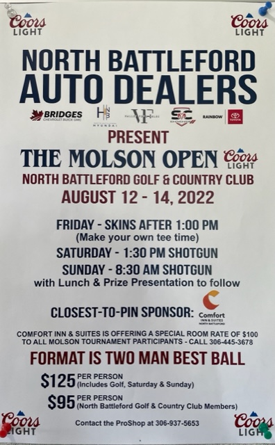 Big thanks to our incredible #NorthBattleford Auto Dealers for presenting the <a href="/MolsonCoors/">Molson Coors Beverage Company</a> Open 2022, coming up Aug 12-14th! Check out all the details and give our pro shop a shout to register. #Saskatchewan #Golfing