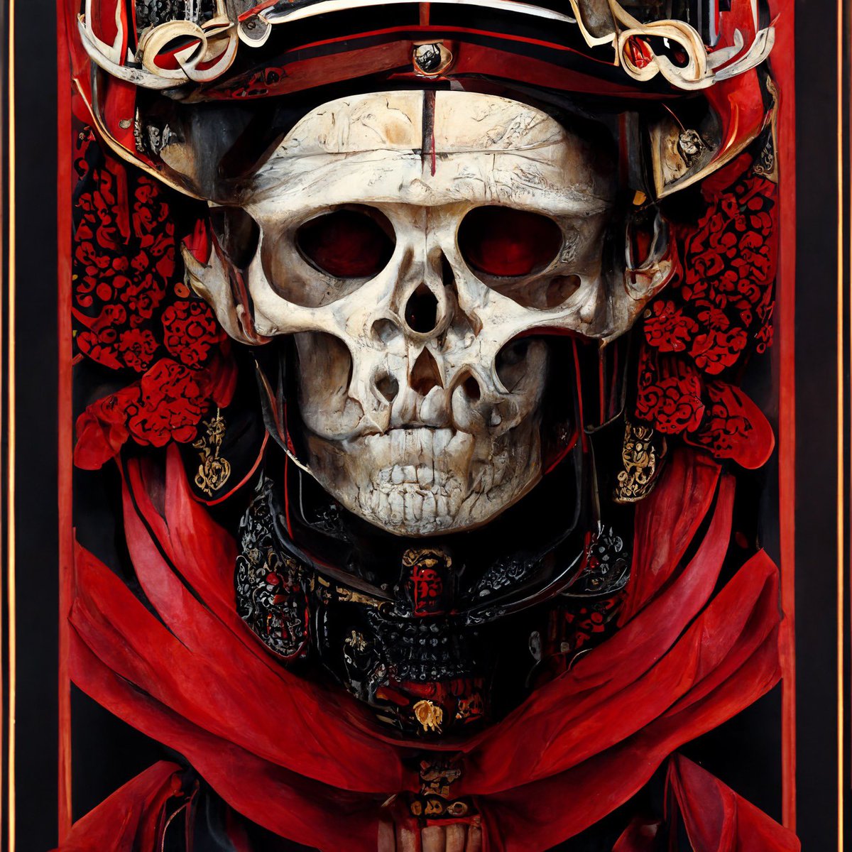 Samurai Warrior Skull Emperors Crimson Royal Guard Tarot Cards.
<a href="/midjourney/">Midjourney</a>