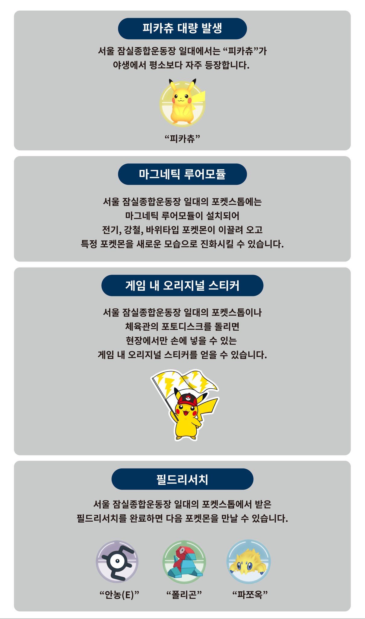 ポケモンgo攻略 みんポケ 韓国のチャムシル総合運動場でピカチュウ大量発生イベントが開催されます 開催期間 8月10日 水 12 00 14日 日 00 野生でピカチュウが大量発生 ポケストップ ジムから限定ステッカー フィールドリサーチからアンノーンe