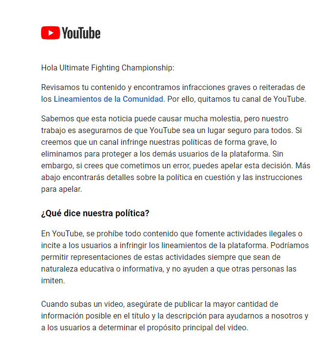 <a href="/YouTubeLATAM/">YouTube Latinoamérica</a> <a href="/YTCreadores/">YouTube Creadores</a>
Hoy hackearon mi canal de youtube y le cambiaron el nombre por Ultimate Fighting Championship. Y ahora fué borrado de la plataforma. Pueden ayudarme a recuperarlo?...