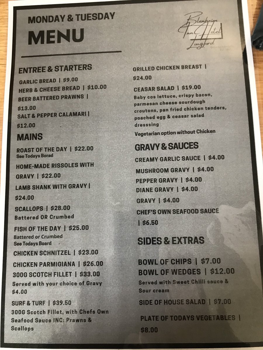 CaptFisherReg's tweet image. The offering at the local pub in rural Tasmania. Apparently the rissoles are to die for . . .