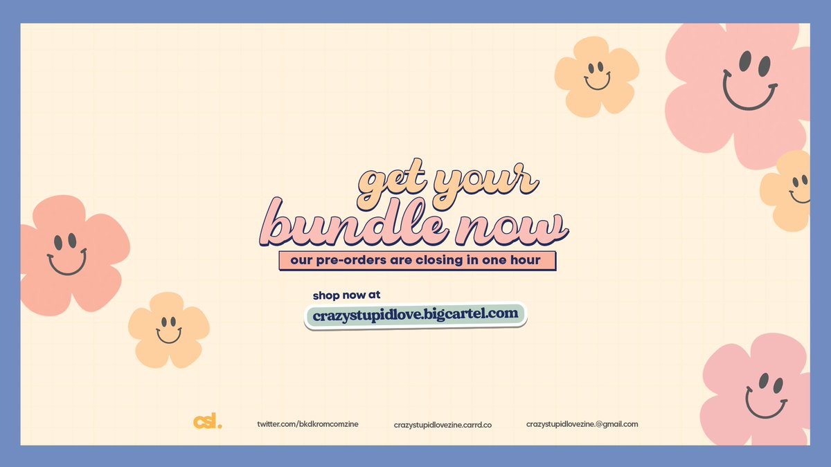 bkdkromcomzine's tweet photo. ๐งก๐ One last hour to get your CSL bundle! It will be not just fun but crazy, silly, and full of love.
Order now at
๐https://t.co/khfgcM4itT
๐๏ธPre-orders close tonight, 11:59 PM EST
#csl #bkdk #crazystupidlovezine https://t.co/lWRZHPf7Qr