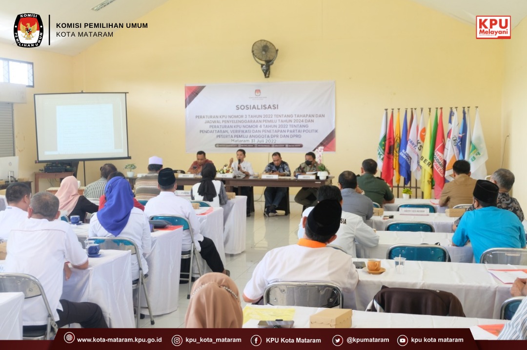 #TemanPemilih, Minggu 31 Juli 2022, KPU Kota Mataram mengadakan Sosialisasi PKPU No 3 /2022 Tentang Tahapan dan Jadwal Penyelenggaraan Pemilihan Umum Tahun 2024 dan PKPU No 4 / 2022 Tentang Pendaftaran, Verifikasi dan Penetapan PARPOL Peserta Pemilihan Tahun 2024

#KPUMelayani