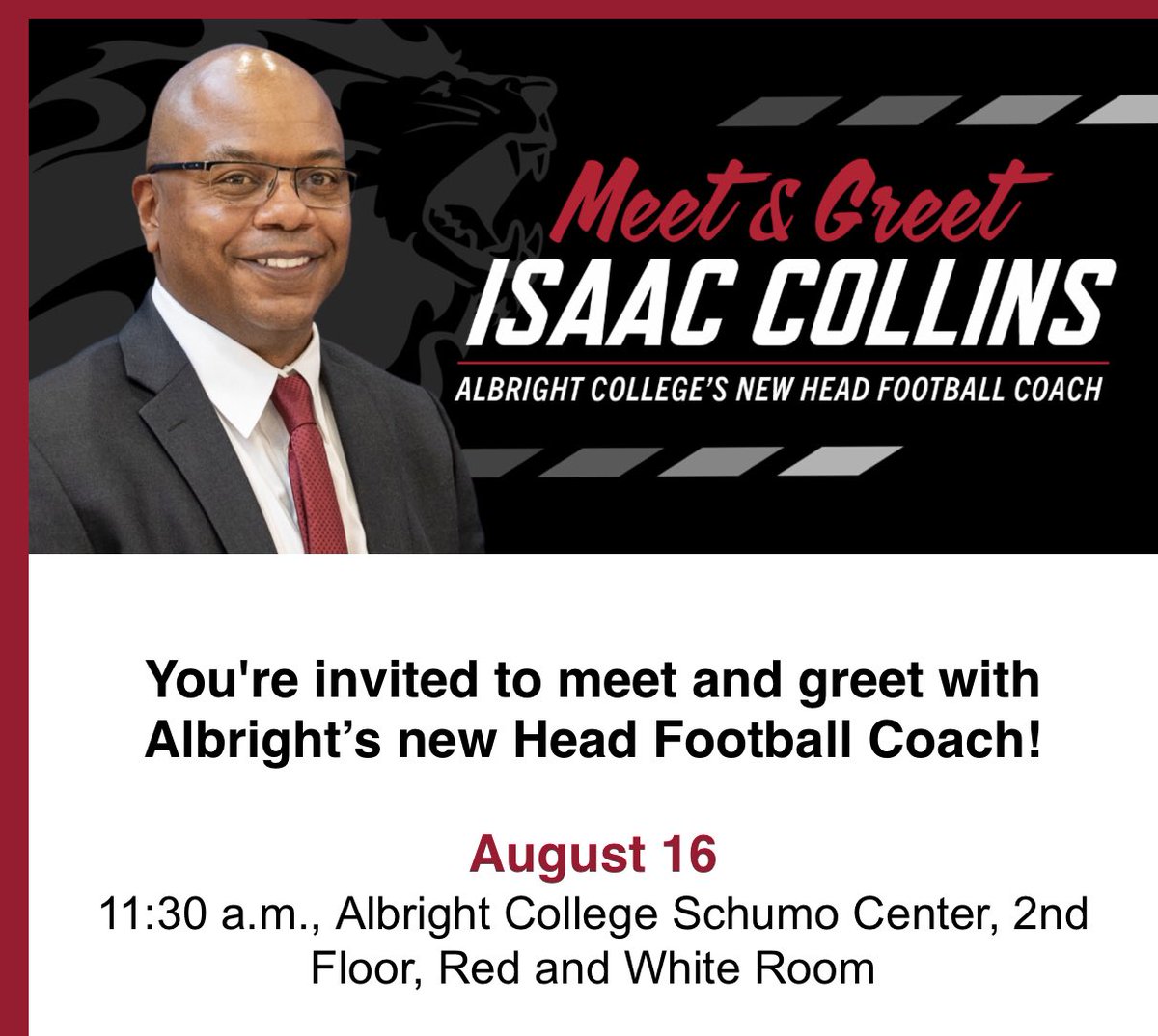 Next on the Calendar for Alumni and Friends of Albright Football. Excited to share more on Albright Football and the Upcoming Season! Register to attend event and feel free to catch Training Camp Practice before event we will practice 9-11am that day. albright.360alumni.com/events/view/93…