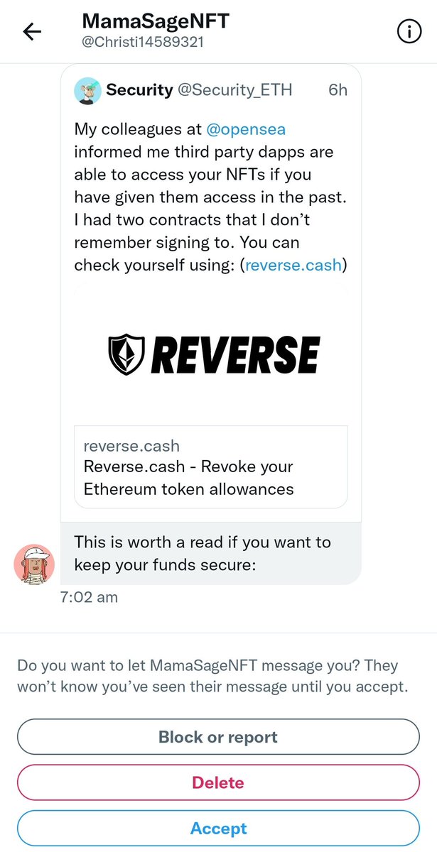 Got this unsolicited DM from someone shilling reverse.cash. Feels very sus. 
1. Too close to revoke.cash  

2. The main account promoting it (@security_eth) appears sus. 

Seems like an elaborate ploy with fake comments and everything. Stay safe.
