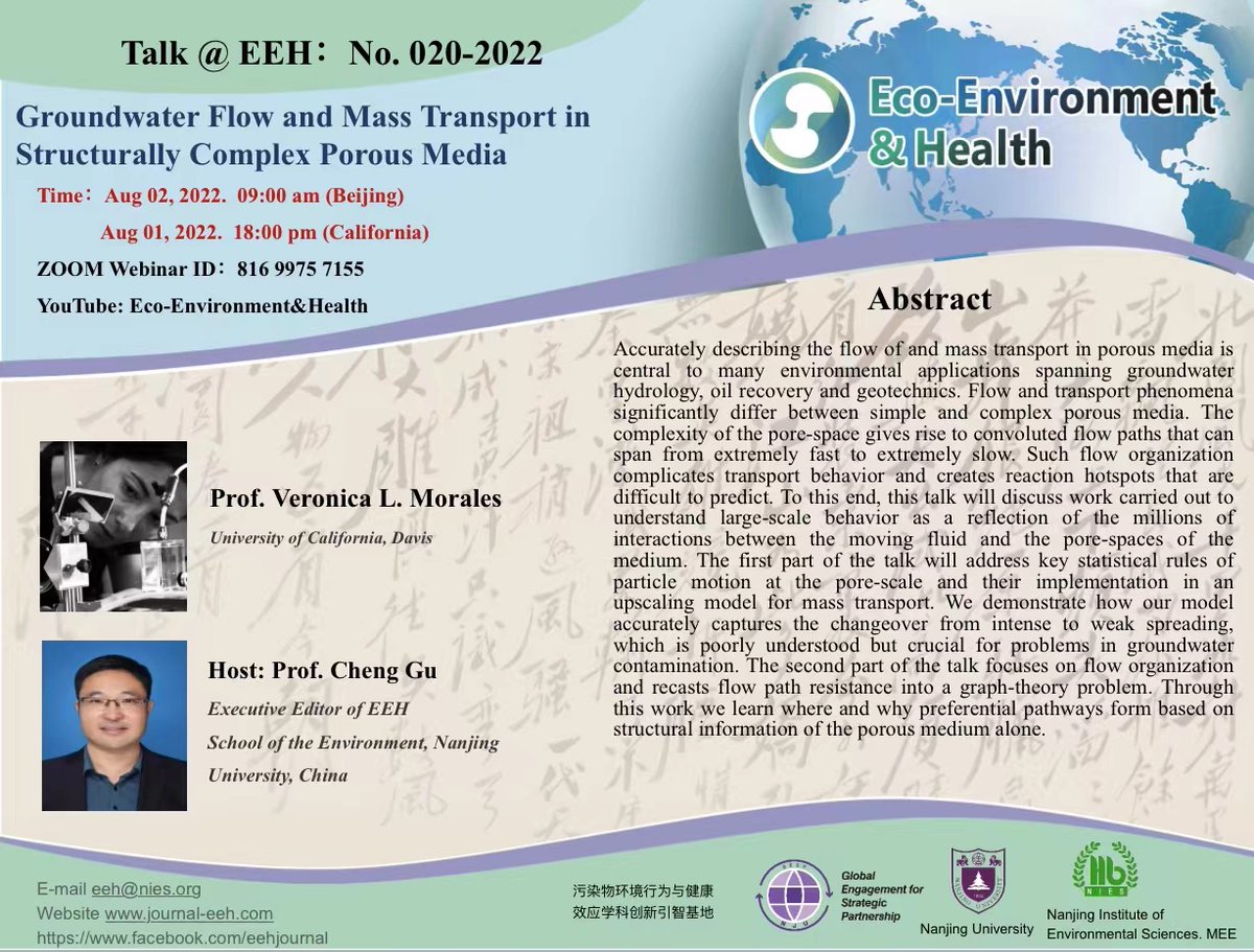 environment_eco's tweet image. Welcome to join the Talk@EEH by Veronica L Morales, a professor of civil and environmental engineering at @ucdavis.
#GroundwaterFlow and #MassTransport in Structurally Complex Porous Media.
Aug 01, 2022 (6pm, California) 
zoom ID: 816 9975 7155