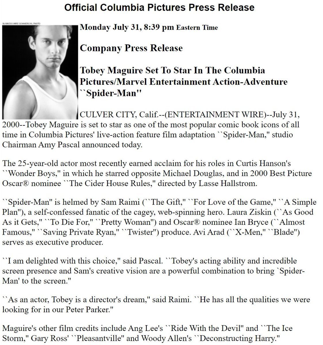 screentime's tweet image. Tobey Maguire was cast as Spider-Man 22 years ago today 🕸