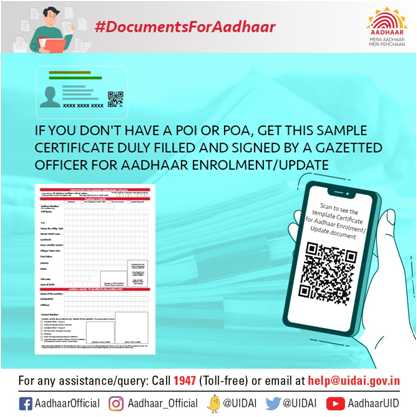 UIDAI's tweet image. #DocumentsForAadhaar
If you don’t have valid documents to verify your demographic details, use this template Certificate for #Aadhaar #Enrolment/#Update for verification of your details through a gazetted officer or other authorized persons. uidai.gov.in/images/commdoc… @GoI_MeitY