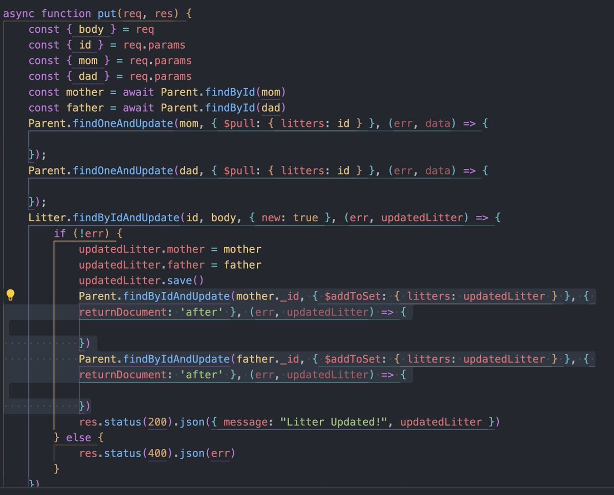 ARondinaCodes's tweet photo. Day 42 of #100DaysOfCode:

Successfully used MongoDB's $pull to remove a litter from a parent should the admin need to update a litter's parents. That way when the parent is switched, the previous parent is no longer associated with it. Took a while to figure it out but it works! https://t.co/EXKkvXr9Cd