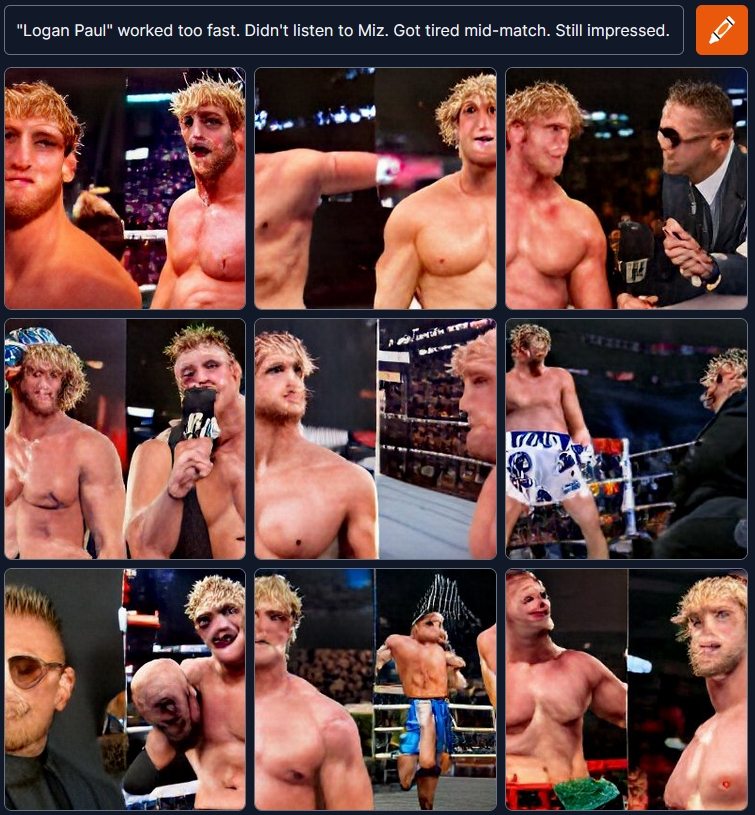 WrestlingAI's tweet photo. "Logan Paul" worked too fast. Didn't listen to Miz. Got tired mid-match. Still impressed. 

#DALL·E #craiyon #wrestling #AI #draw #modeling #CPUimaging #WrestlingAI https://t.co/sHDsz80X9D