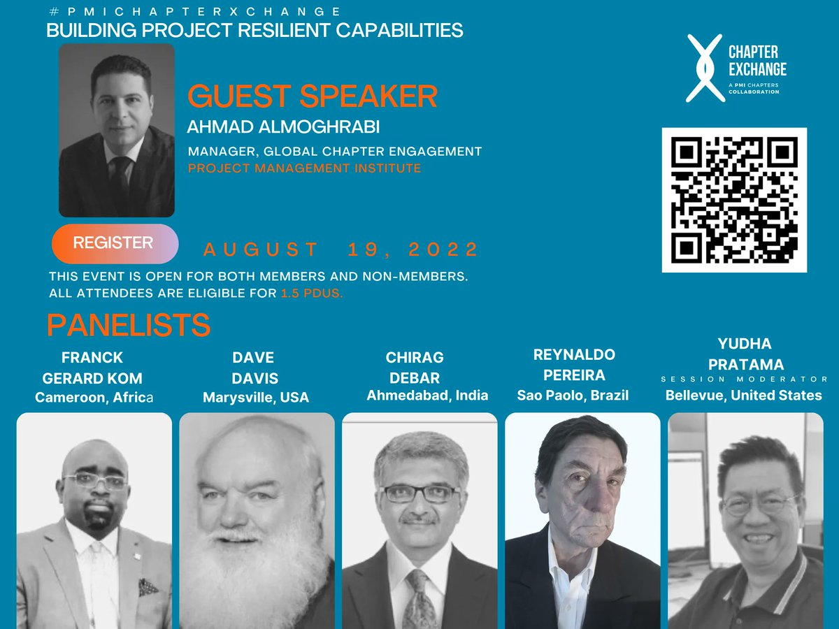 PMISouthAfrica's tweet image. #pmichapterxchange season 3 event 7
Topic: Building project resilient capabilities

Register to be part of this event:
Date: Aug 19, 2022
Time: 19:30 – 21:30 IST
Register here buff.ly/3BvXb32   

#virtualcollaboration #futureofpmwork #futureofwork
#resilience #resiliency