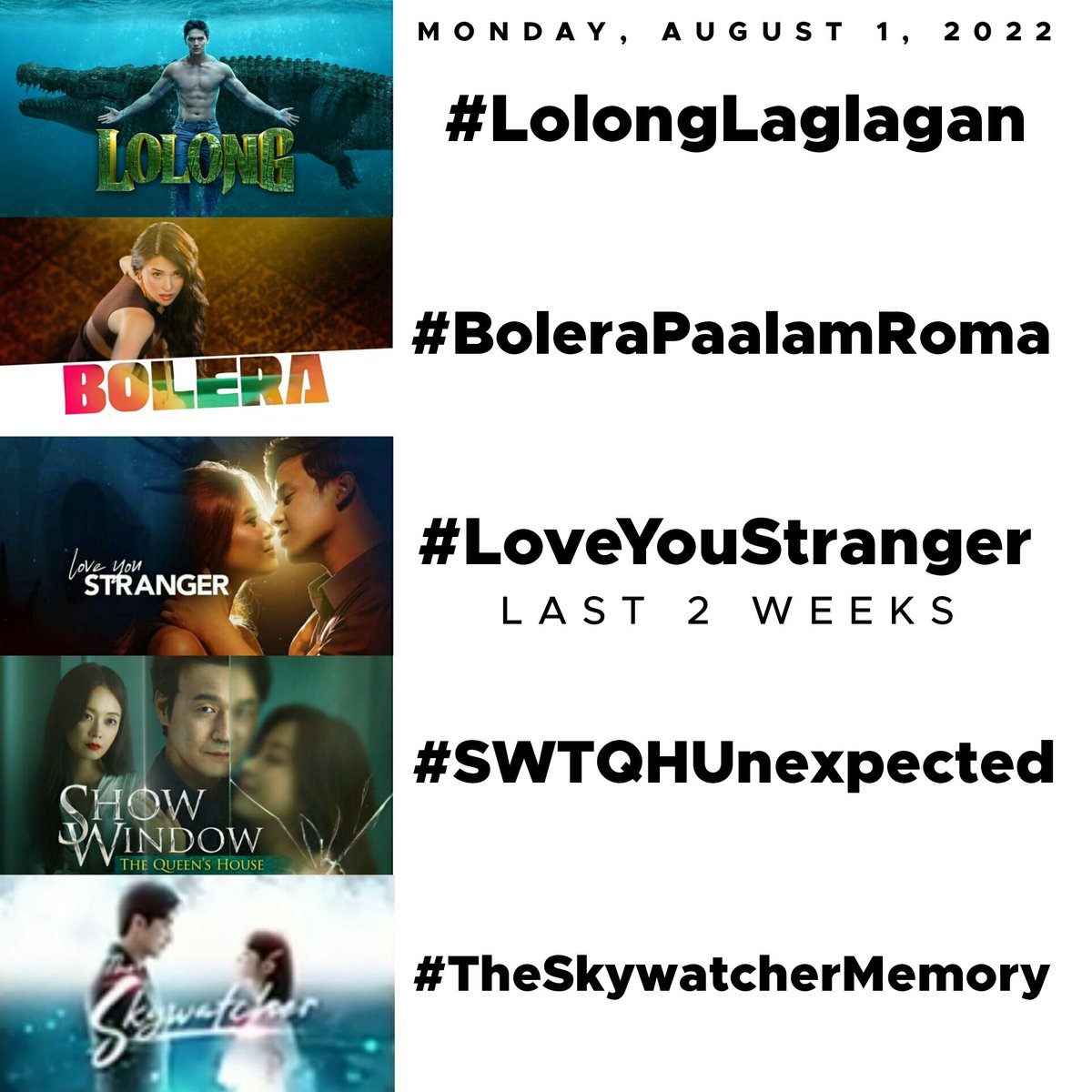 TONIGHT on #GMATelebabad:
#LolongLaglagan
#BoleraPaalamRoma
#LoveYouStranger (LAST 2 WKS.)
#SWTQHUnexpected
#TheSkywatcherMemory

@gmanetwork @GMADrama @GMA_PA @OfficialGMAHOA