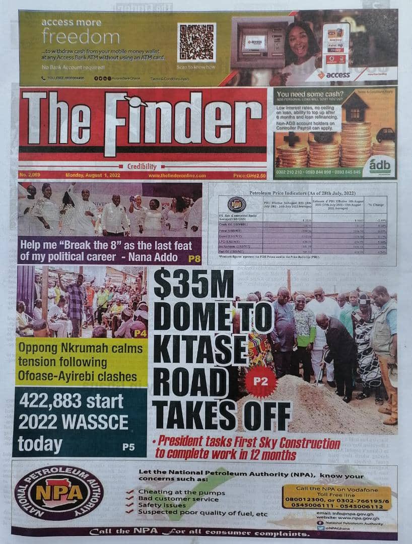 YSportsGh's tweet photo. 🗞 The Finder
📌 $35M Dome to Kitase road takes off
📌 422,883 start 2022 WASSCE today
#HappyHMS #eTVGhana #Newspapper https://t.co/AnragXcqtF
