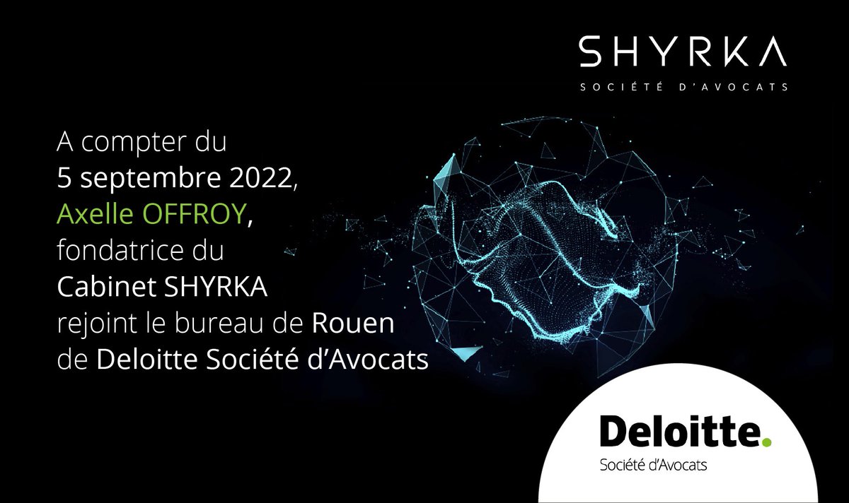 Cher réseau
Une nouvelle page dans l’histoire de SHYRKA!
J’ai le plaisir de vous annoncer qu’à compter du 5 septembre 2022, je rejoindrai le bureau de Rouen du Cabinet <a href="/Deloitte/">Deloitte</a> Société d’Avocats, en qualité de directrice en charge des activités Droit commercial - IT/IP