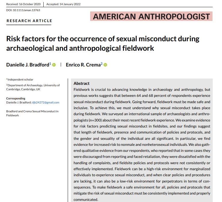 ❗️Publication alert ❗️

So pleased to have mine &amp; <a href="/er_crema/">Enrico R. Crema</a>'s article on sexual misconduct during academic fieldwork published with <a href="/AmAnthroJournal/">American Anthropologist</a> 

doi.org/10.1111/aman.1…

🧵1/