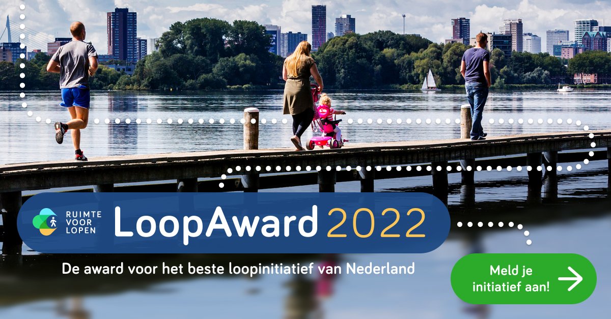 Heb jij een geweldig idee om zoveel mogelijk mensen aan het wandelen te krijgen? Of heb je een goed initiatief wat meer ruimte in de fysieke leefomgeving heeft gecreëerd voor lopen. Meld deze aan voor de LoopAward 2022! 🏆 Aanmelden kan t/m 12 september: bit.ly/3yOd81F