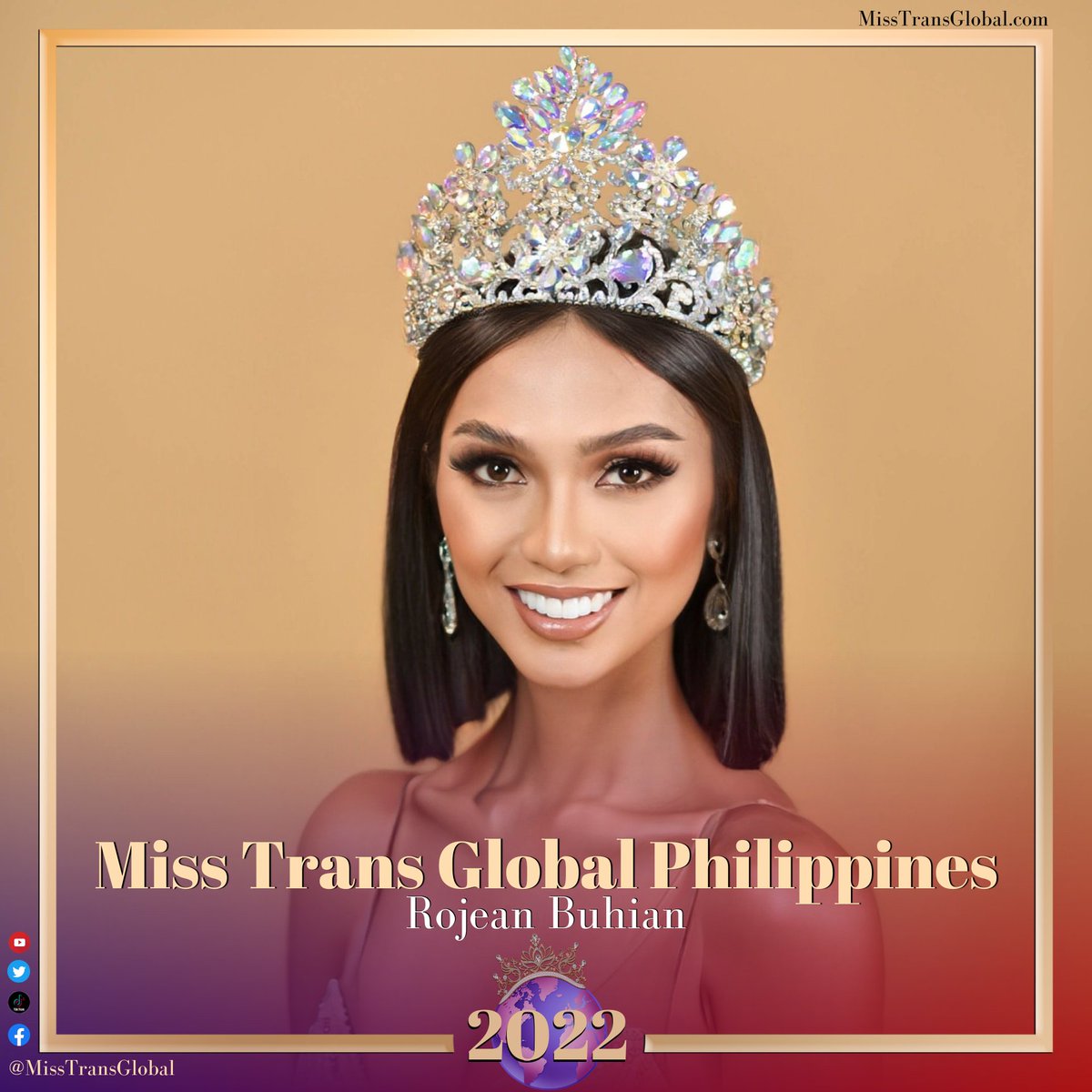 MissTransGlobal's tweet photo. Congratulations to Rojean Buhian on winning Miss Trans Global Philippines 2022.
Rojean works as a Tourism Relations Officer in the city government of Davao.
She is one of the finalists for Miss Trans Global 2022.
#MissTransGlobalPhilippines
#MissTransGlobal
#MissTransGlobal2022 https://t.co/EZhhWidvhE