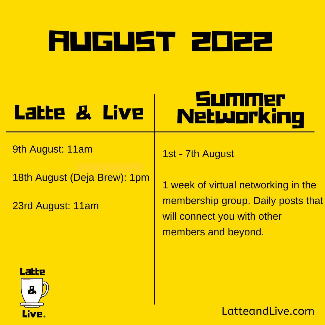 Happy 1st August- Here's what's in store for our members this month 🥳 Did you know, Everything can be accessed online from wherever you are.⁣⁠⁣⁣⁠⁣⁠⁣⁣⁣ ⁣⁣⁣⁣⁣⁣⁣
latteandlive.com

#networking #latteandlive