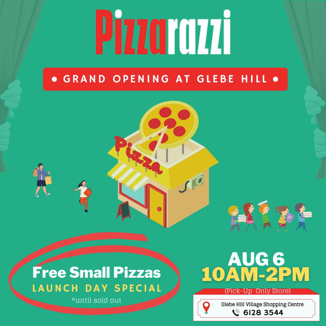 Pizzarazzipizza's tweet photo. Well.. Well.. Well.. Consider This Your Invite to the GRAND OPENING! 🎉🍕
As many of you have guessed, Pizzarazzi is ready to begin operations at the Glebe Hill Shopping Centre from 3rd August during our usual hours. (Pickup only)
But that's not it; https://t.co/wG0Qy6Vynq