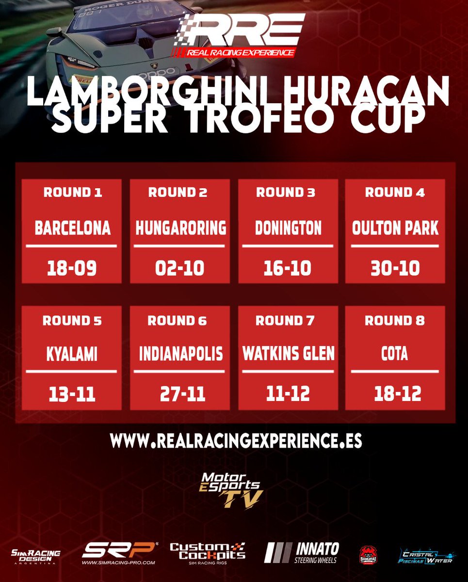📢#Agosto y ya están las inscripciones los nuevos campeonatos!
🏆Ultimate Pro Series: Toda la competición por equipos

🏆GT3 Autumn Season: La clasica de los viernes en la comunidad 

🏆Lamborghini Super Trofeo: El desafio de los domingos

Inscripciones:

realracingexperience.es