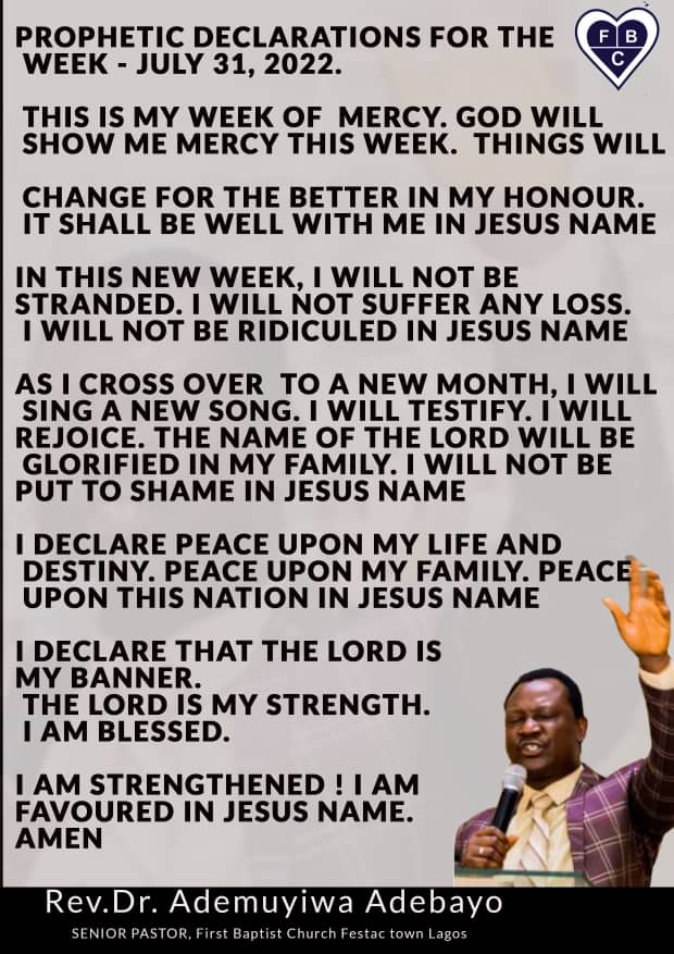 fbcfestaclagos's tweet photo. PROPHETIC DECLARATION FOR THE WEEK #fbcfestac #NewGlory https://t.co/9fQAIhL0Cm