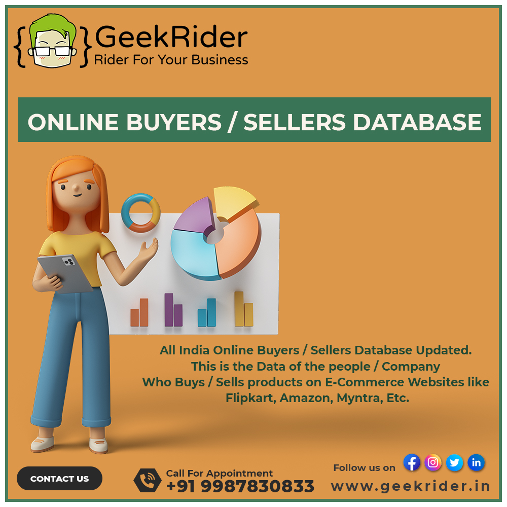 GeekRiderin's tweet photo. All India Online Buyers/Sellers Database Updated. 
This is the Data of the people/Company 
Who Buys/Sells products on E-Commerce Websites like Flipkart, Amazon, Myntra, Etc.

Grow your business with Us
+91-9987830833

#BuyersDatabase #SellersDatabase #webdesign 
@GeekRiderin https://t.co/FNDqXjIUSu