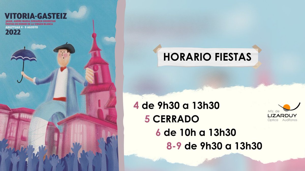 opticalizarduy's tweet photo. Están al caer, por fin unas #FiestasdelaBlanca "normales", y este será nuestro #horario en los días más #felices de la ciudad.
A disfrutar¡¡¡ https://t.co/gRHpTzKBqj