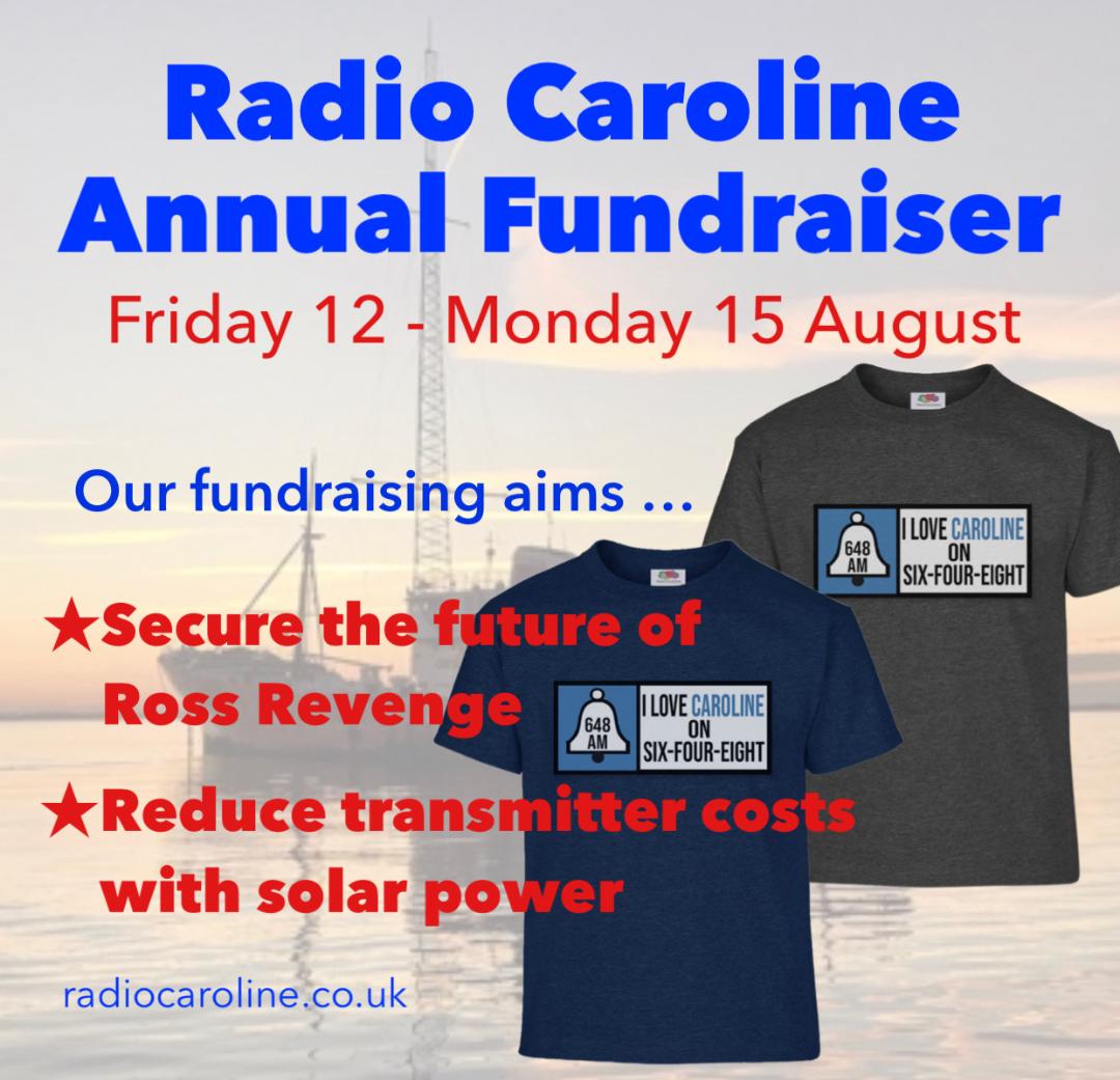 It’s the annual RADIO CAROLINE FUNDRAISER Fri 12-Mon 15 Aug and here is this year’s ltd ed  fundraiser tee based on our 60s car sticker! Tune in or visit radiocaroline.co.uk from Mon to find out more about this year’s appeal and how you can get your hands on a fab retro tee!