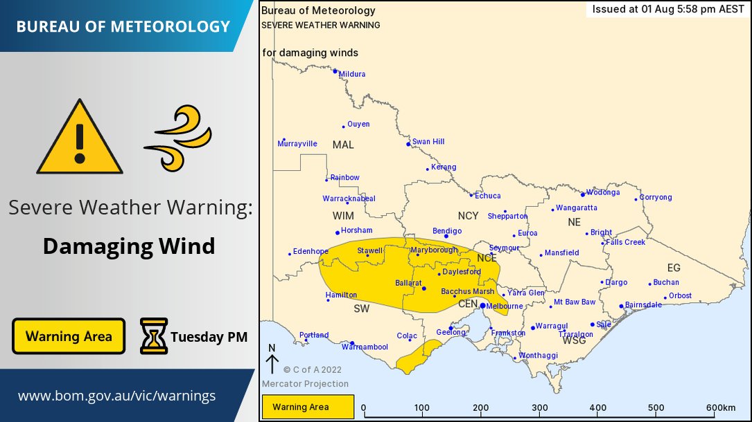 ⚠️A Severe Weather Warning has been issued for damaging winds covering parts of central and western Victoria. Winds are expected to strengthen from the west during Tuesday afternoon and evening, potentially reaching up to 100 km/h over elevated areas. bom.gov.au/vic/warnings/