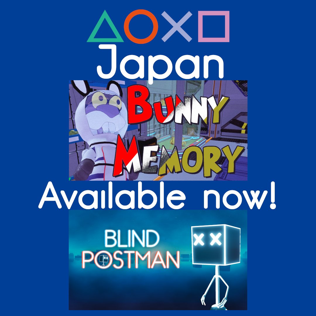 DillyFrameGames's tweet image. Bunny Memory (supports splitscreen) and Blind Postman available now in Japan region on #PS4 with separate #trophy stack!
Fun games, easy platinum!
#NewStack #PlayStationTrophy