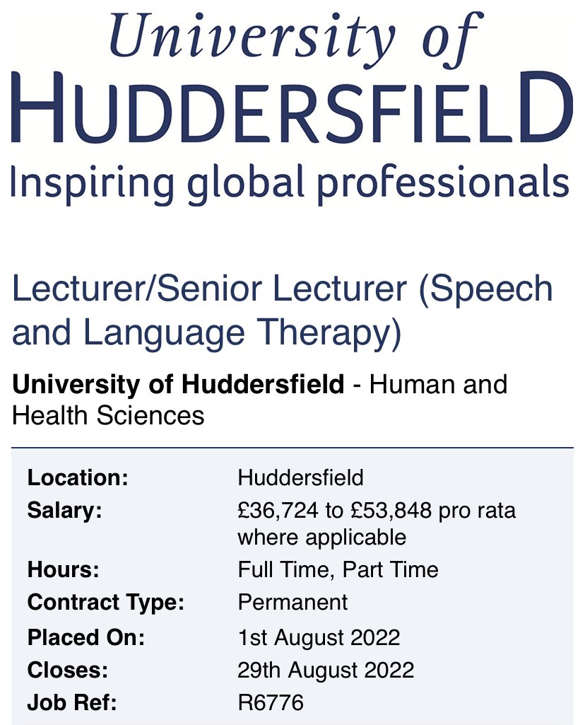 ✨JOB OPPORTUNITIES - SENIOR LECTURER/LECTURER/UNIVERSITY PRACTITIONER✨. Join our academic team and shape the #SLT workforce of the future! 🍽Expertise with adults/#dysphagia particularly encouraged to apply. 🗓Closing date - 29.08.22. ℹ️More info - hud.ac/mv6.