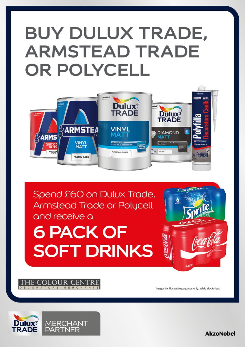 Colour_Centre's tweet photo. August Promotions with #duluxuk 🎉

- £60+ spend on Dulux Trade, Armstead, or Polycell &amp; receive free 6 pack of #Coke

-£50+ spend on Dulux Trade Weathershield range &amp; receive free Dulux Trade Merchant Partner T-Shirt 

- Sample refund when you purchase 5L+ Dulux Trade colour 🌈 https://t.co/9VJMlExkTu