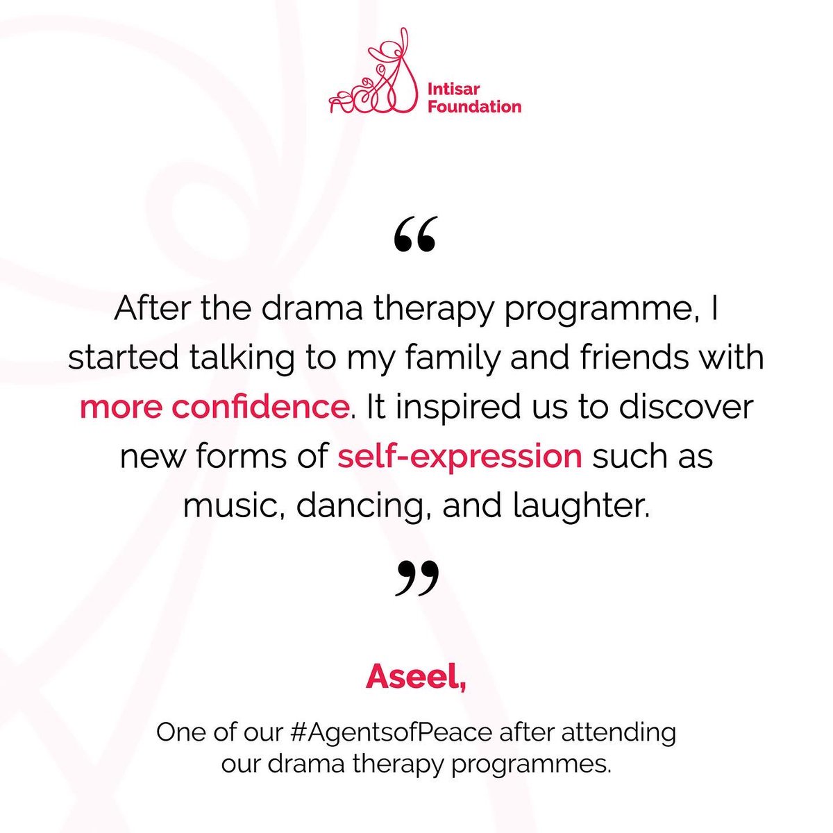 IntisarFound's tweet photo. One of Our #AgentsofPeace, Aseel, explains how she was able to gain #SelfConfidence and learn how to #express herself better after attending Intisar Foundation’s #DramaTherapy programme. Help us keep a smile on the faces of our #OneMillionArabWomen by donating on our website https://t.co/f4YPAz41sP