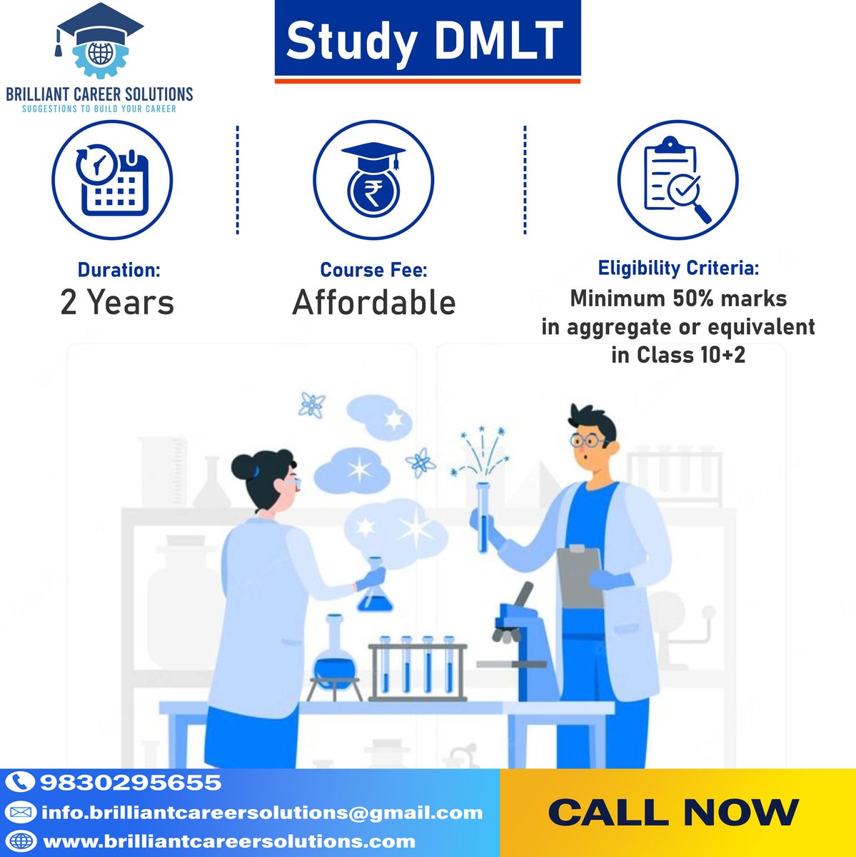 Pursue DMLT with Reputed University and become a successful healthcare professional.
Paramedical Courses Admission 2022-23
Call/WhatsApp-9830295655
#paramedicalcourses #paramedicaladmission #dmlt #bmlt #brilliantcareersolutions  #edtech #education #teaching #mlearning #elearning