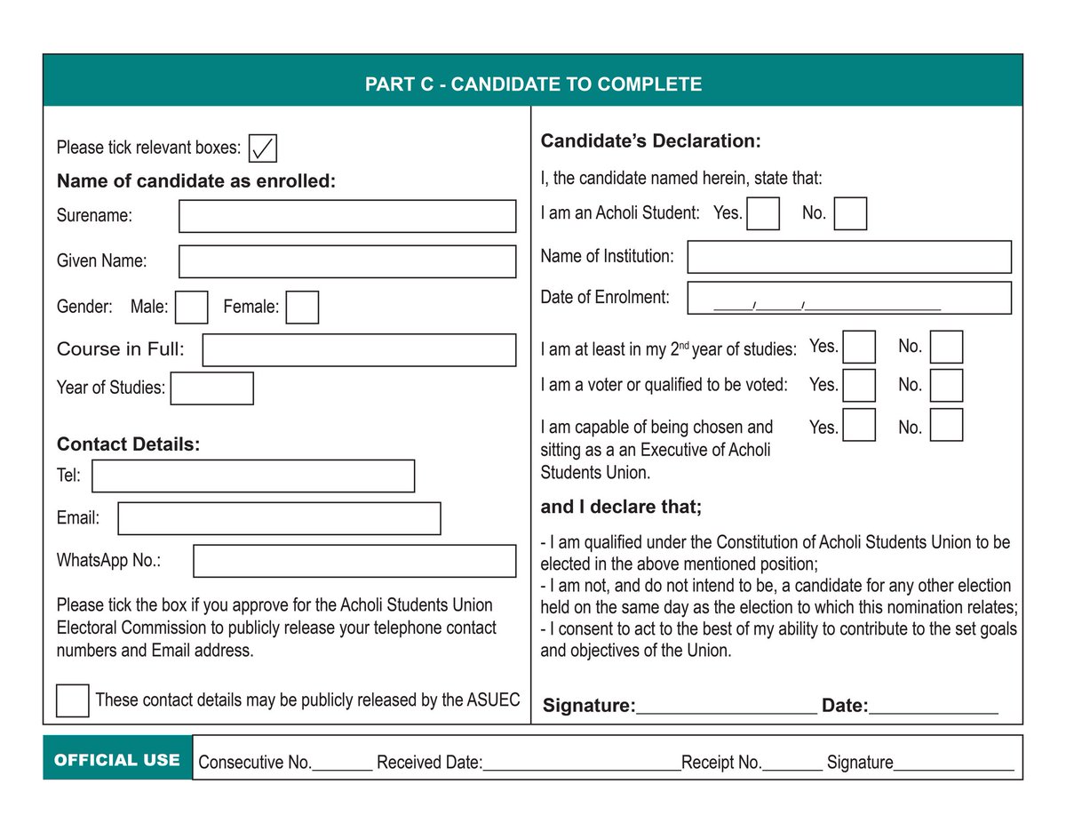 AcholiStudents's tweet photo. #Page4 Candidate Section. This section is to be completed by the aspirant. All fills in #PartC of this form should be filled to avoid inconveniences.
#AcholiStudentsDecides22 https://t.co/6rDitsh2hh