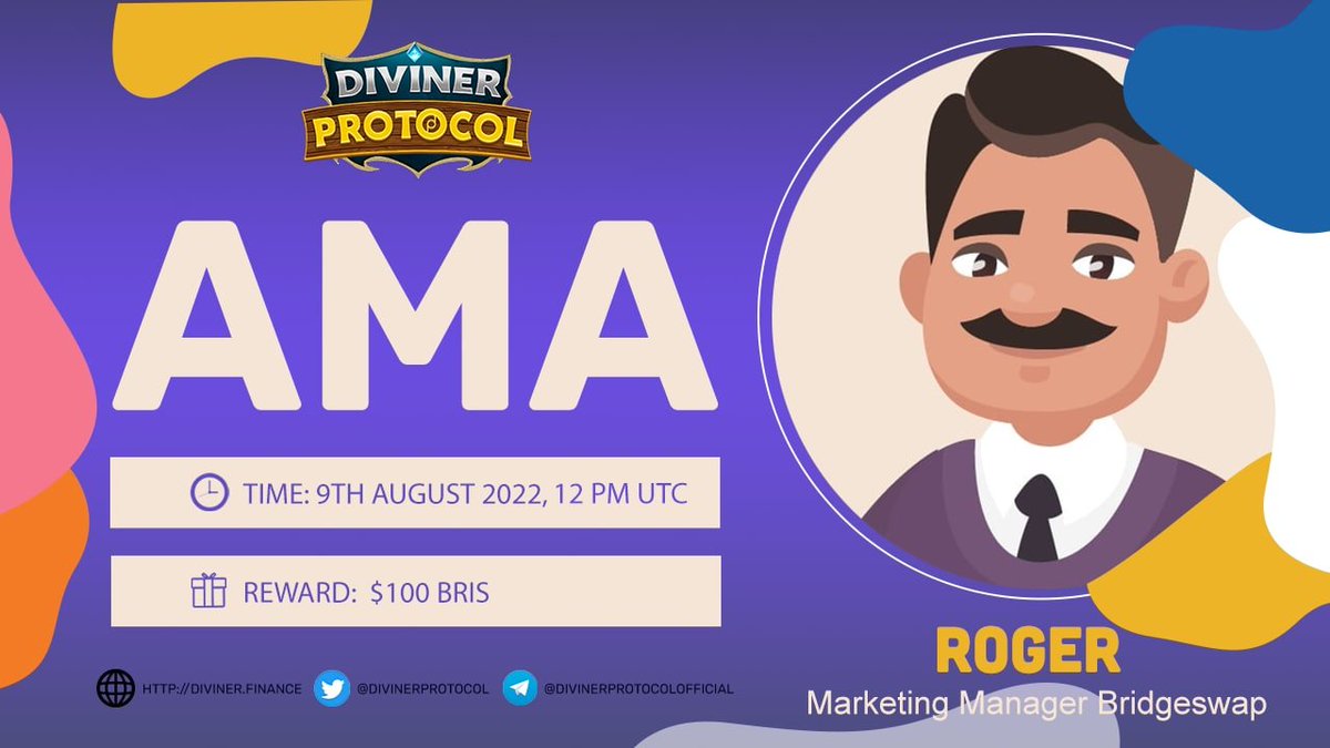 DivinerProtocol's tweet photo. We are glad to announce the @Bridgeswap_Dex AMA! 

Speaker: Roger
Reward:  $100 BRIS  (5 Pre-AMA &amp; 5 Live-chat)
Time: August 9th, 12PM UTC
Venue: https://t.co/FwFwhH2CFB

Leave your pre-AMA question under this tweet to share rewards! https://t.co/CWSeym9DBT